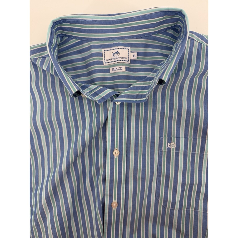 Southern Tide Mens XL Trim Fit Striped Button Down Shirt Blue Teal Long Sleeve - Picture 1 of 3